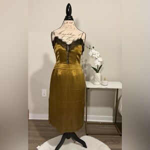 Elegant Gold Slip Dress with Black Lace Trim